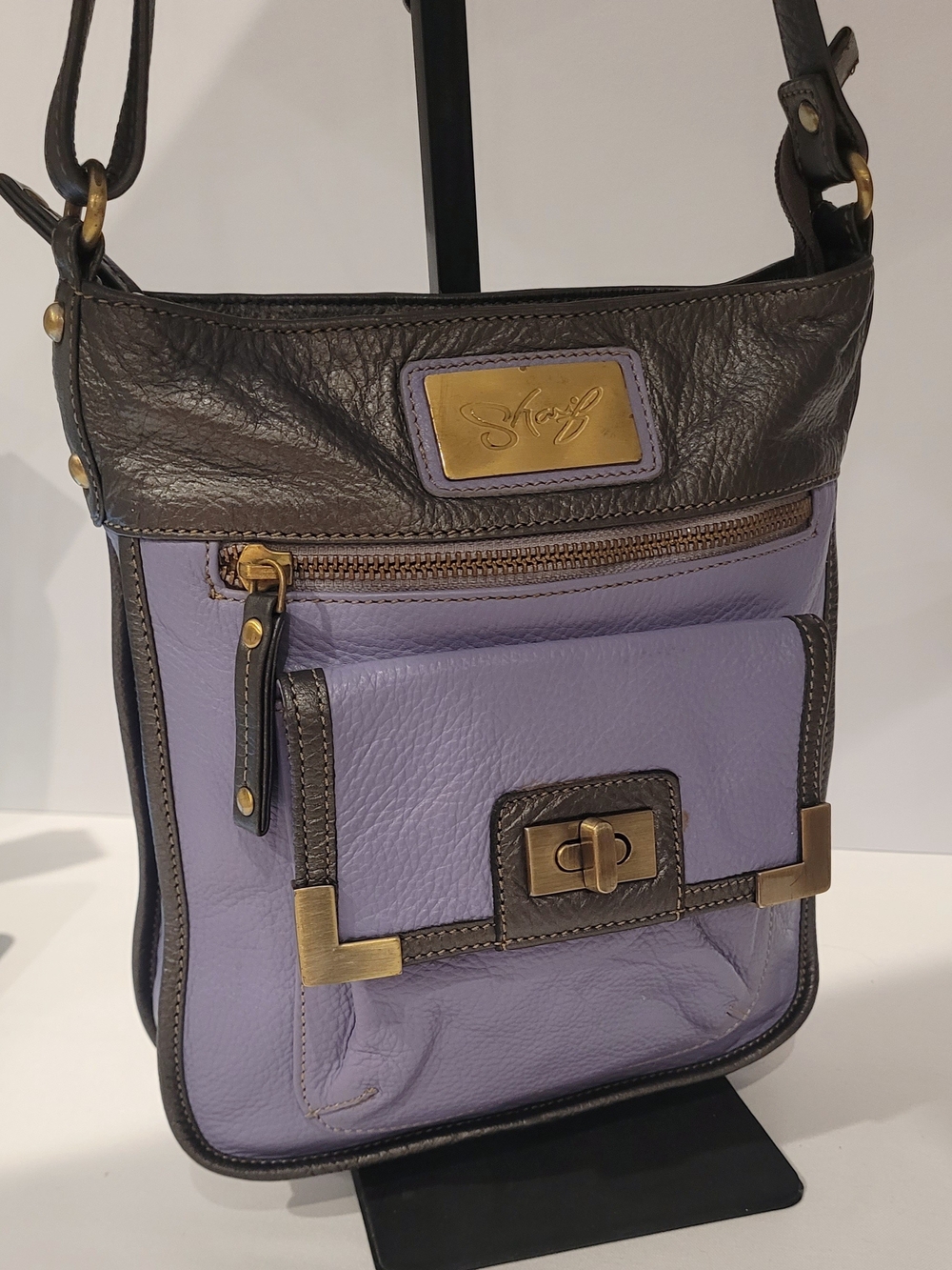 Sharif Purple and Pewder Leather Crossbody with Brass Accents
